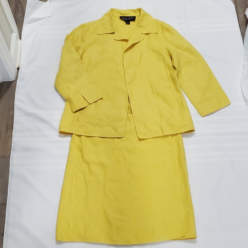 Linda Allard Ellen Tracy Yellow Open Front Swing Blazer with Wrap Skirt Set